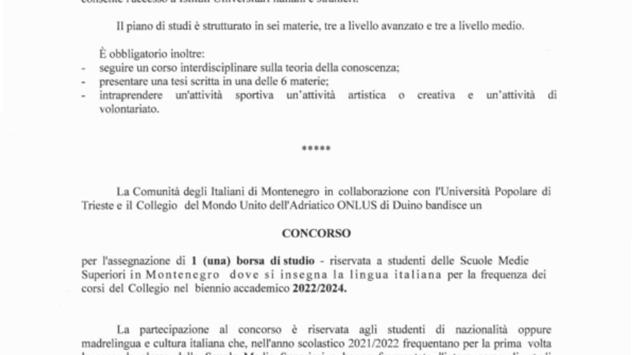 OTVOREN KONKURS ZA DODJELU STIPENDIJE ''COLLEGIO DEL MONDO UNITO DI DUINO''